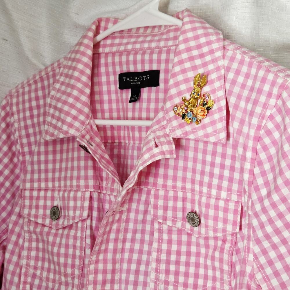 Talbots Pink Gingham Large Petite Spring Jacket & VTG Easter Bunny Brooch 1960's